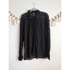 Lauren Ralph Lauren Lace Sheer Button Down Top Whimsigoth Witchy Fairy Grunge 3x